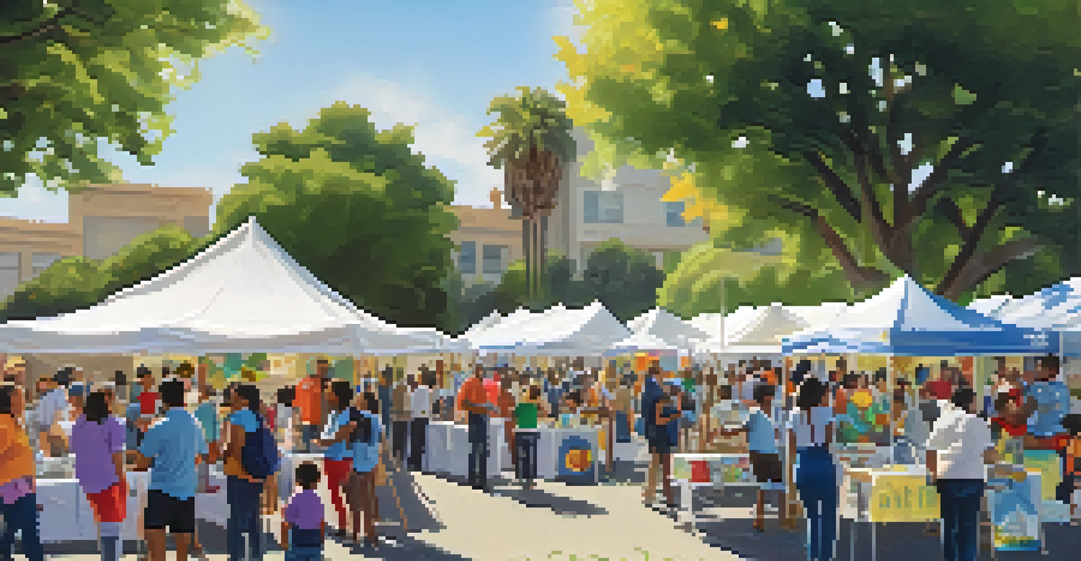 An outdoor community health fair with booths, diverse people engaging in activities, and colorful banners under bright sunlight.