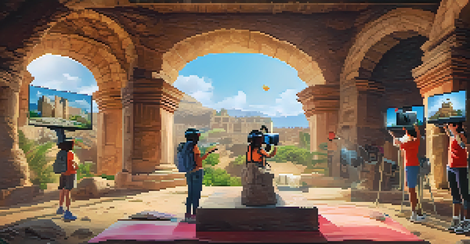 Students in a virtual reality classroom exploring ancient ruins through VR headsets, showcasing an immersive and engaging learning experience.