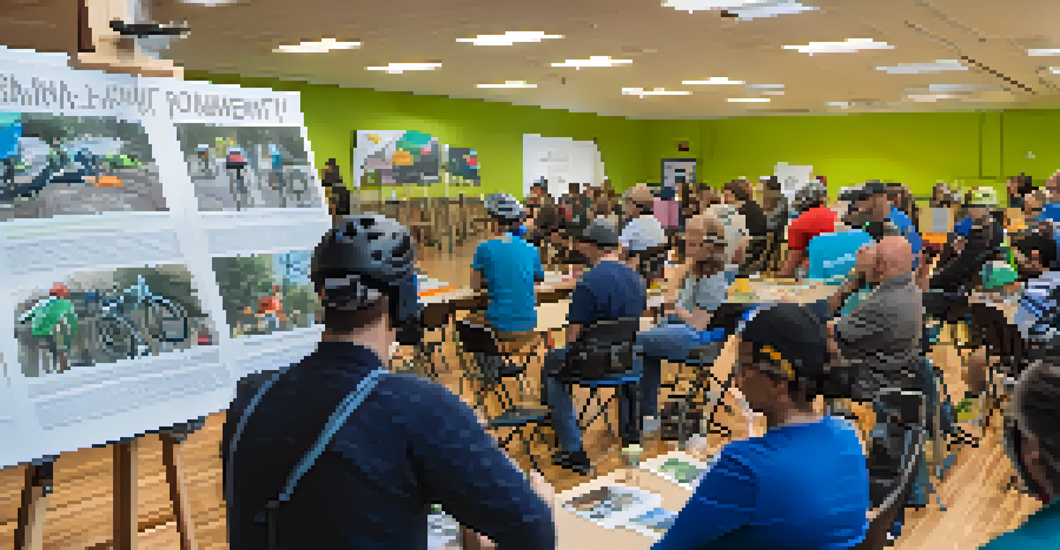 A community workshop with cyclists learning about bicycle safety, featuring a safety expert and educational materials.