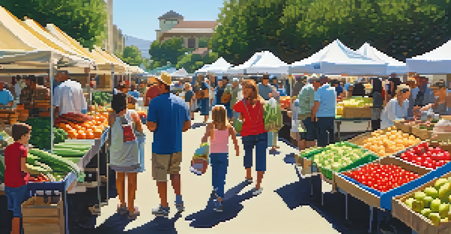 A busy farmers' market featuring stalls with fresh produce and families shopping for healthy food.