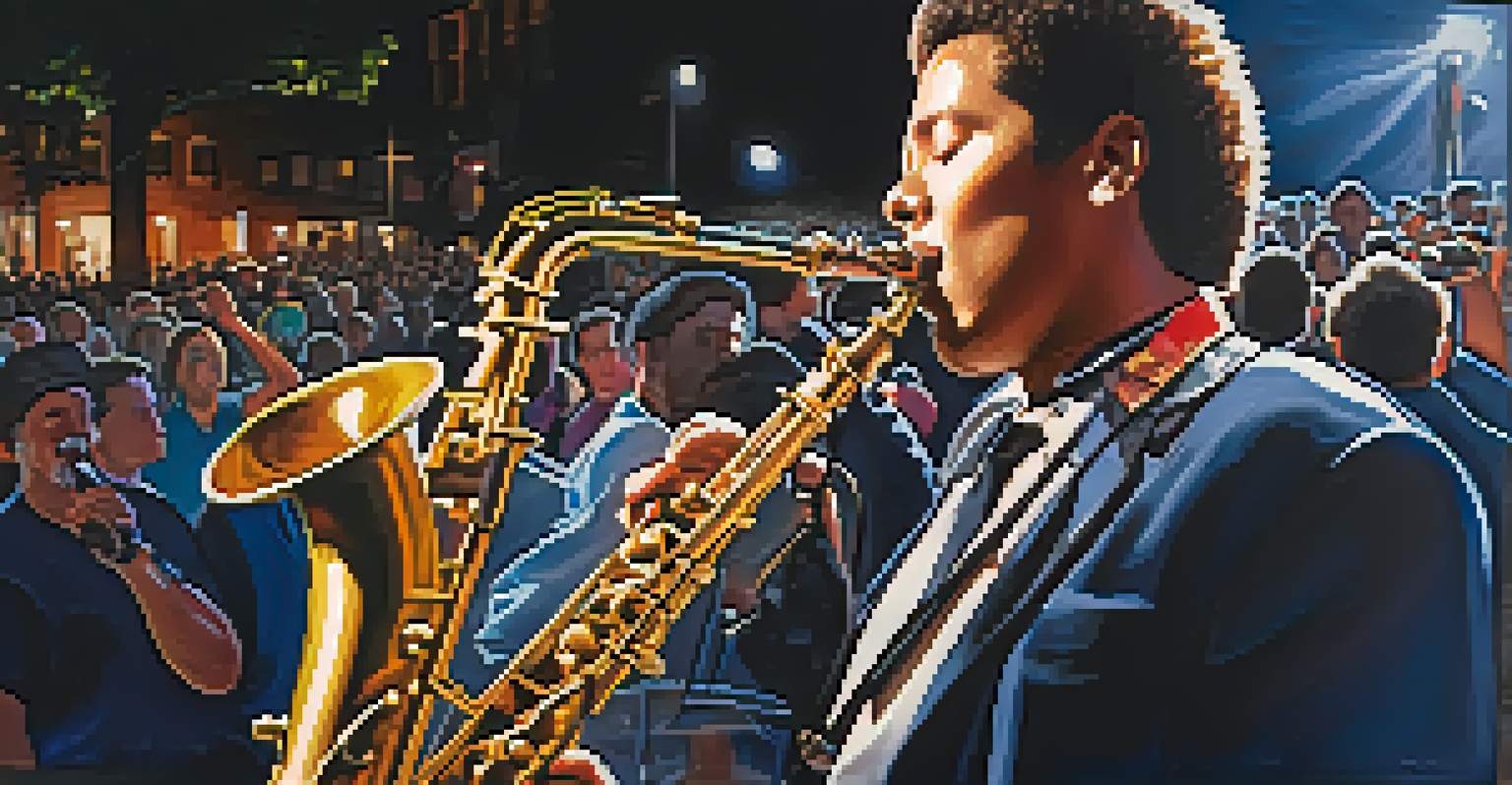 A saxophone player passionately performing at a jazz festival, with stage lights reflecting off the instrument and an energetic audience in the background.