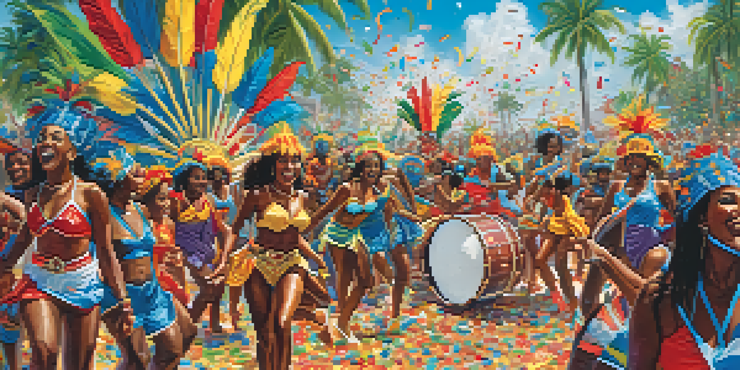 A lively Caribbean carnival parade with people in colorful costumes dancing and throwing colored powders, set against a bright blue sky.