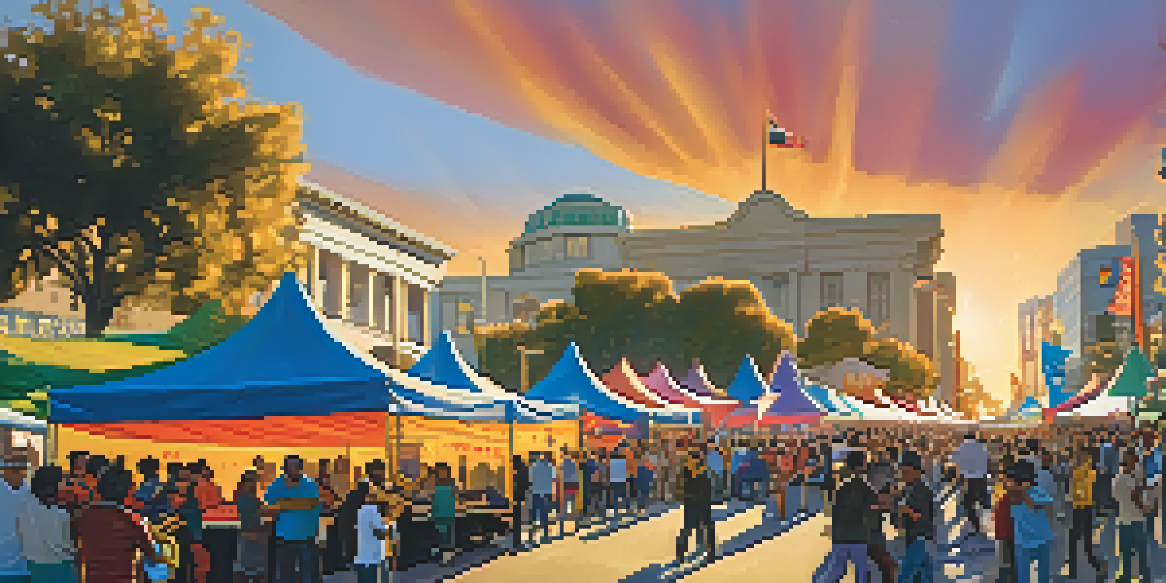 A lively outdoor scene of the San Jose Jazz Festival with musicians performing and a crowd enjoying the festivities during sunset.