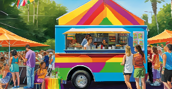 A colorful food truck at the San Jose Pride Festival serving a variety of dishes, with happy attendees enjoying their meals nearby.