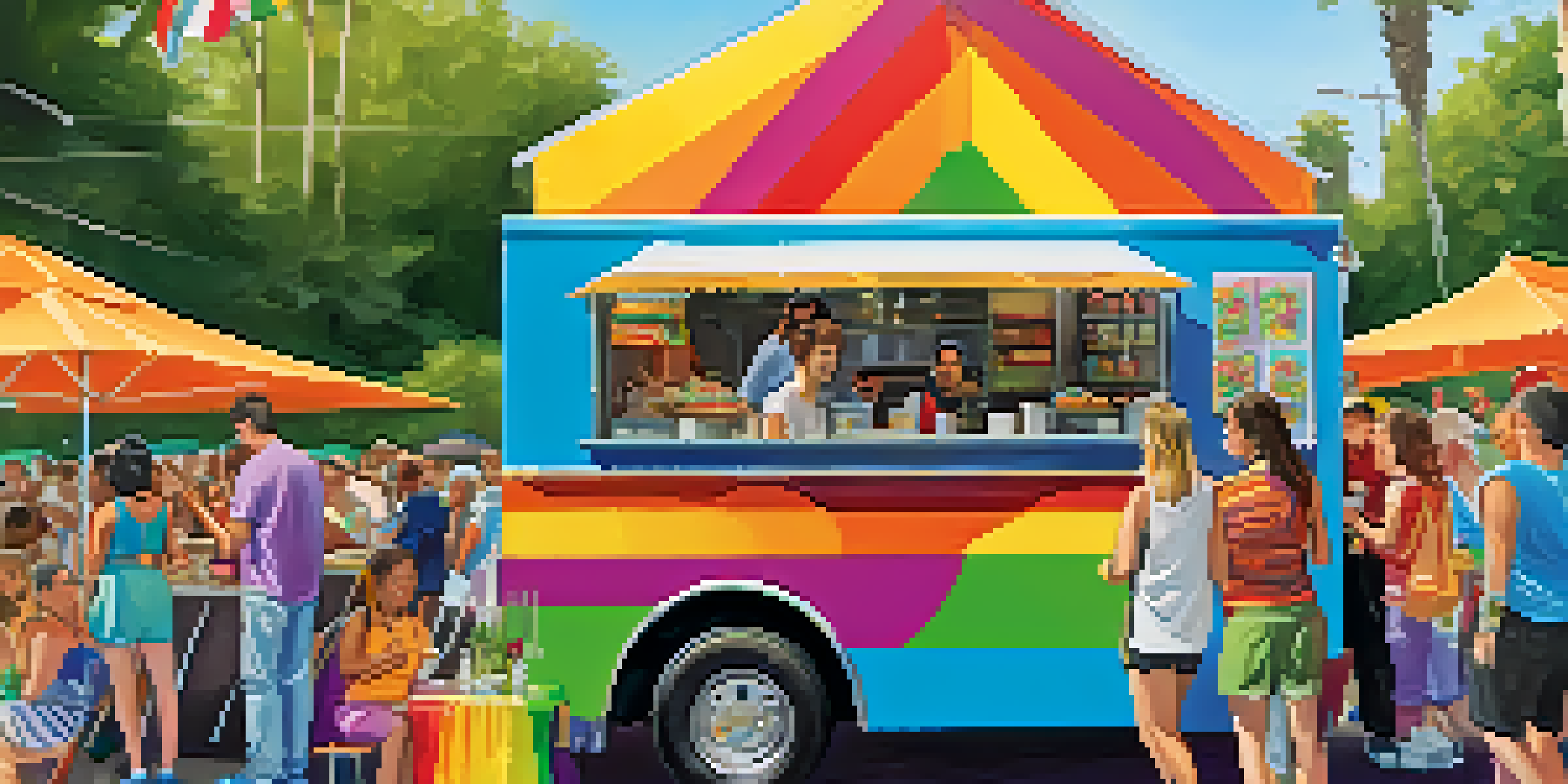 A colorful food truck at the San Jose Pride Festival serving a variety of dishes, with happy attendees enjoying their meals nearby.