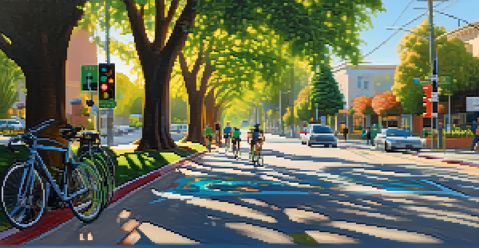 A bike lane in San Jose with cyclists, colorful signs, and green trees under a bright sun.
