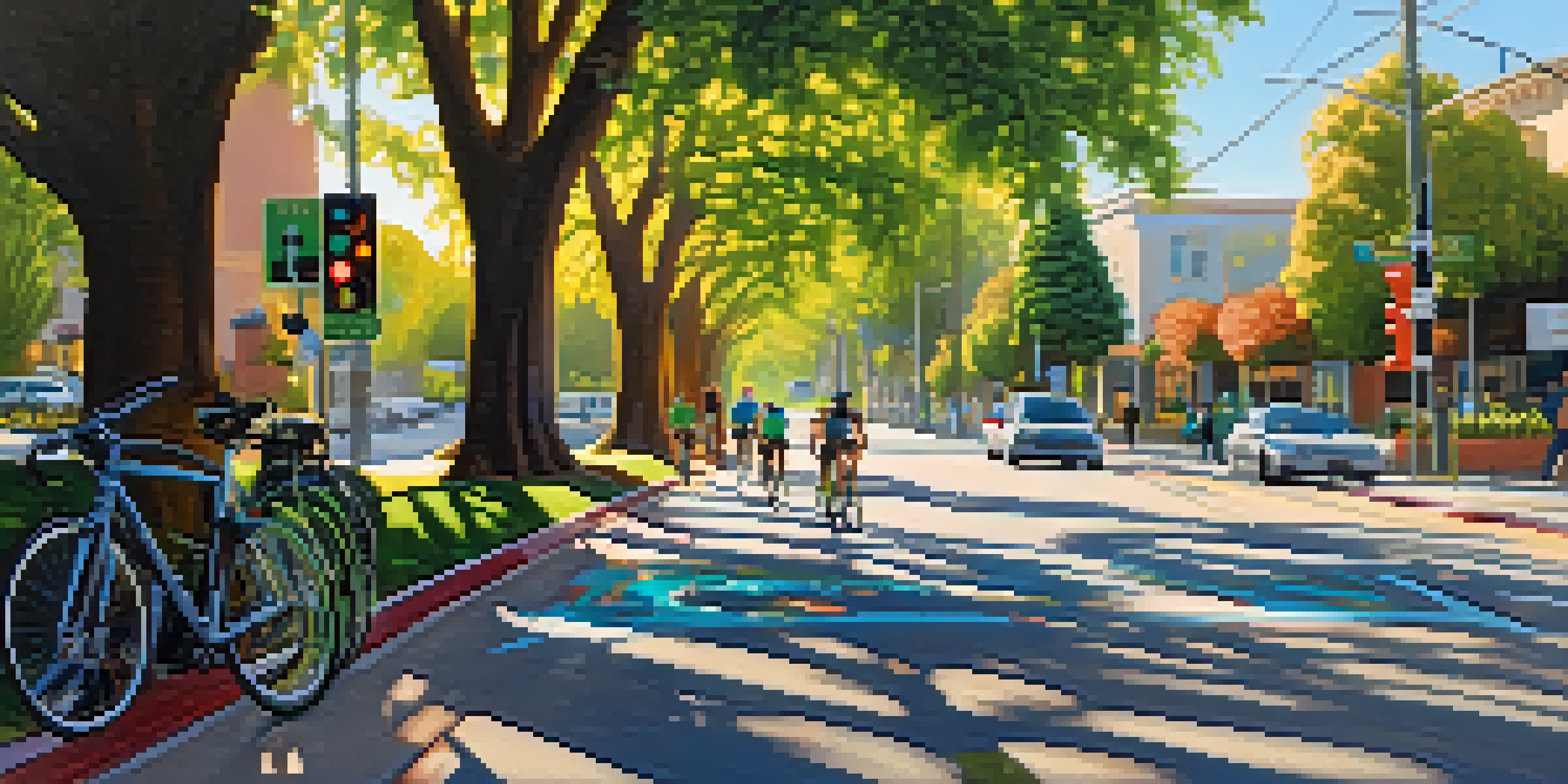 A bike lane in San Jose with cyclists, colorful signs, and green trees under a bright sun.
