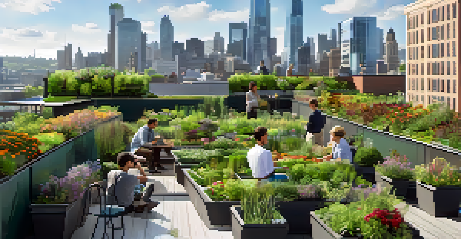 A green rooftop garden on a modern building, with people tending to plants and enjoying the city skyline view under bright sunlight.