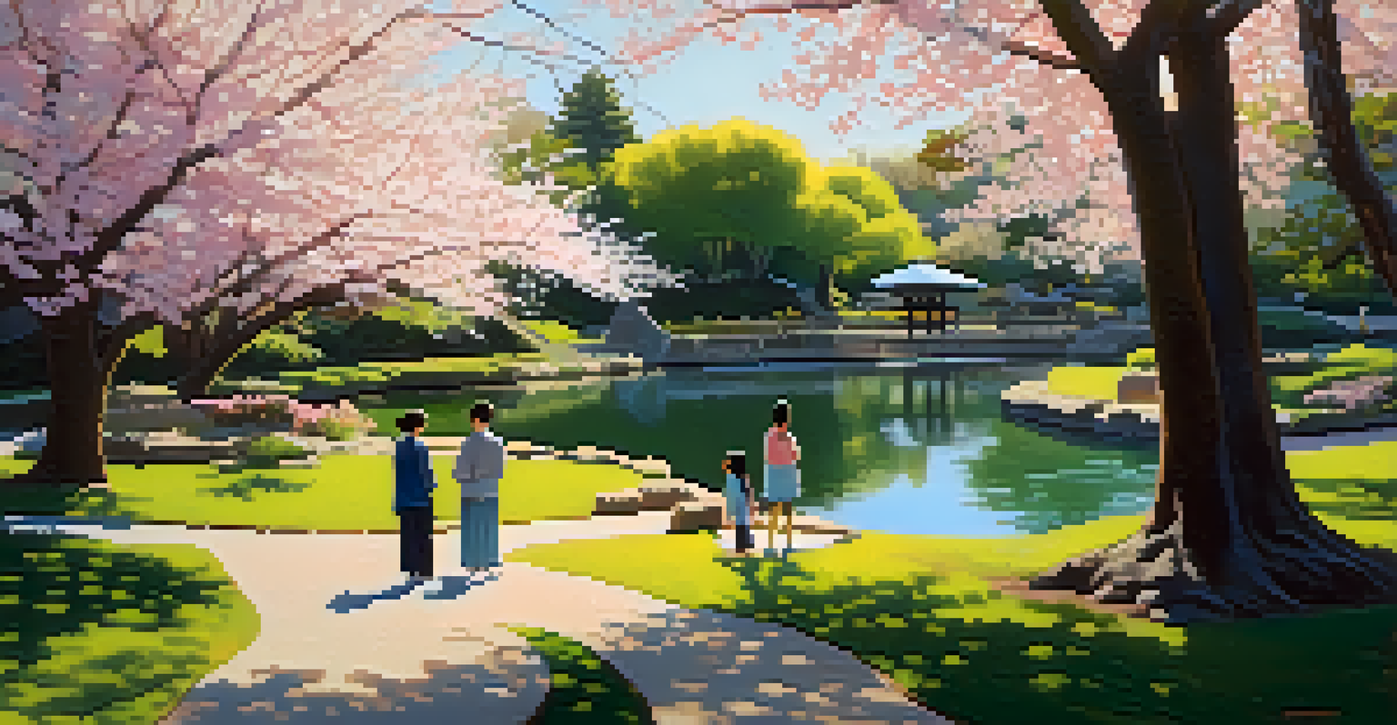 A peaceful park scene with cherry blossoms, a pond, and families having a picnic under soft sunlight.