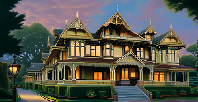A twilight view of the Winchester Mystery House highlighting its unique architecture and oddities.