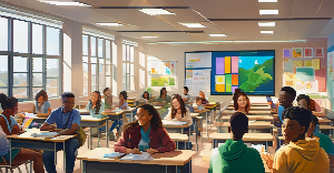 A diverse group of students participating in hybrid learning, with some in a classroom and others online, surrounded by educational materials and natural light.