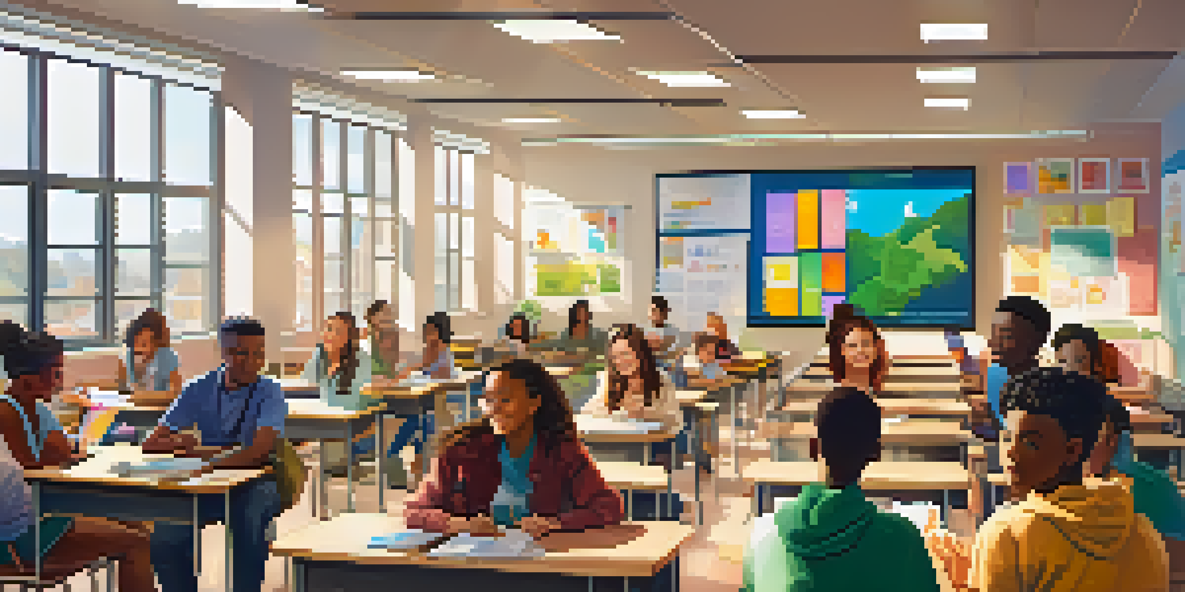 A diverse group of students participating in hybrid learning, with some in a classroom and others online, surrounded by educational materials and natural light.