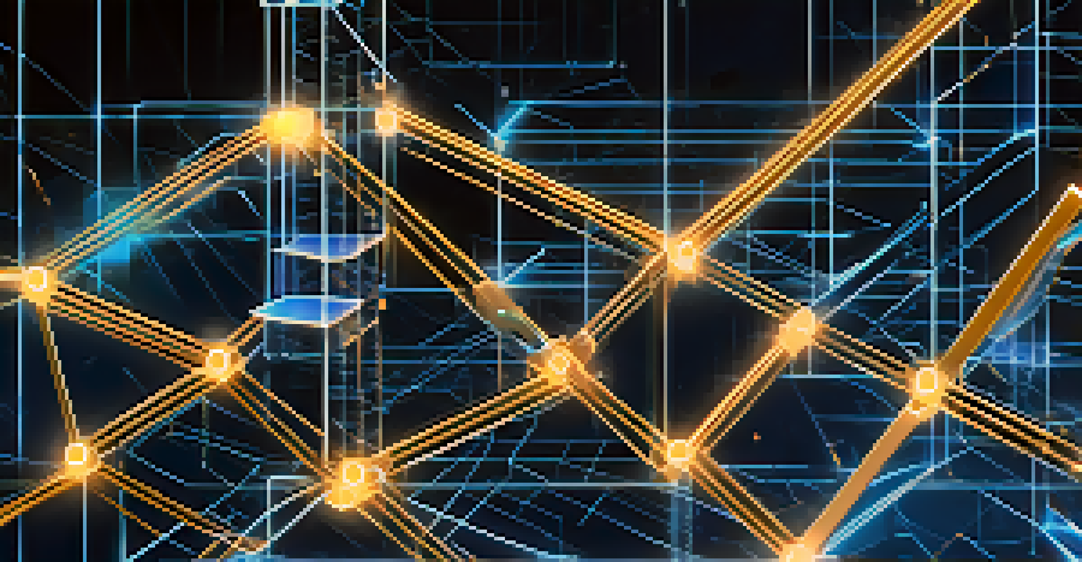 An artistic visualization of blockchain technology with glowing interconnected blocks against a digital matrix background.