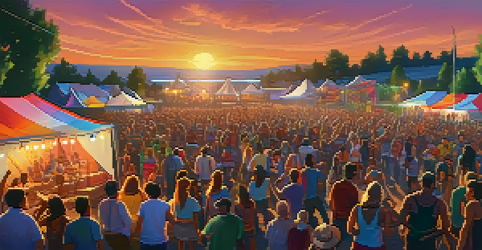 A lively outdoor music festival at sunset with a diverse crowd enjoying live performances and colorful decorations.