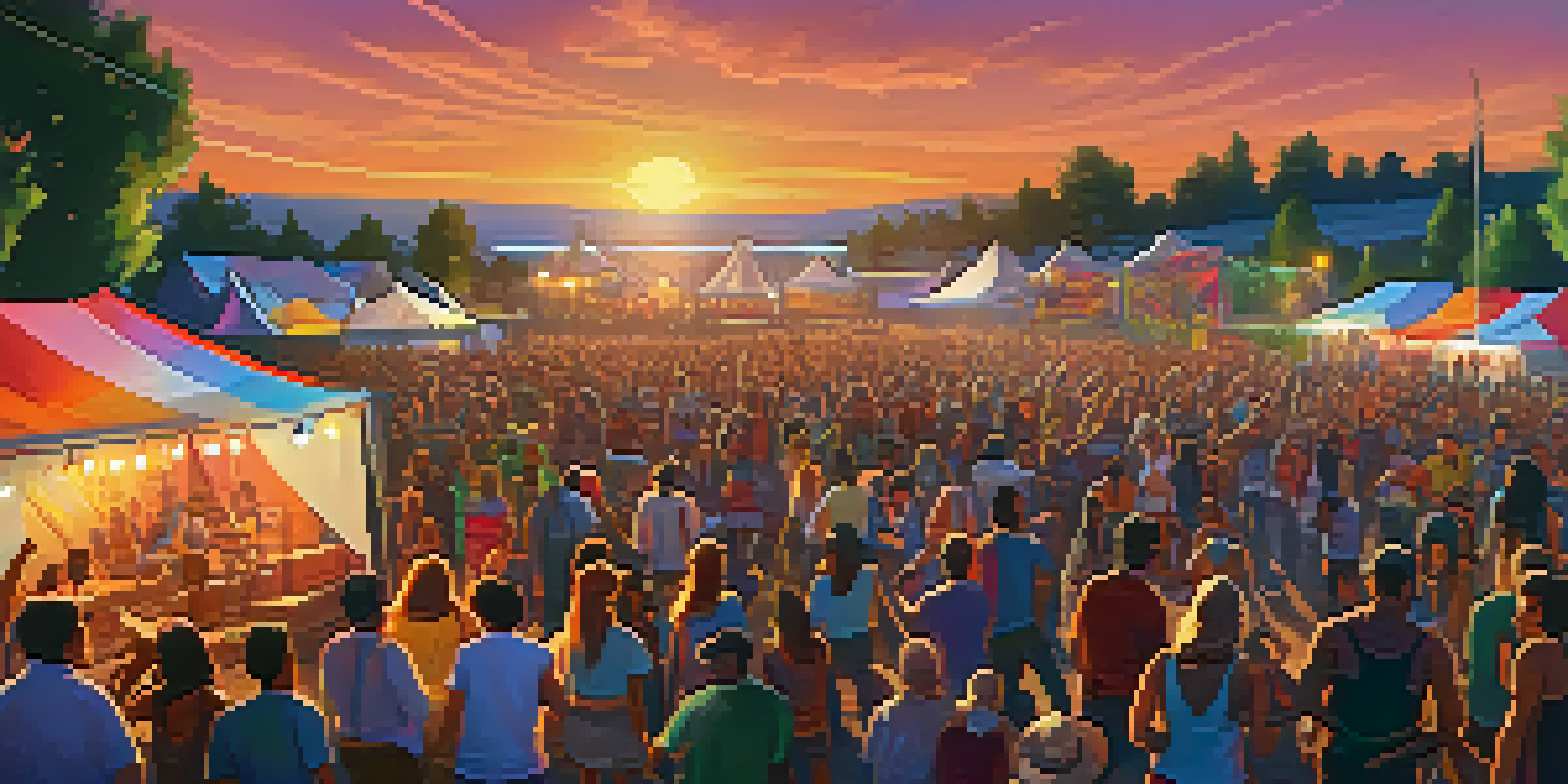 A lively outdoor music festival at sunset with a diverse crowd enjoying live performances and colorful decorations.