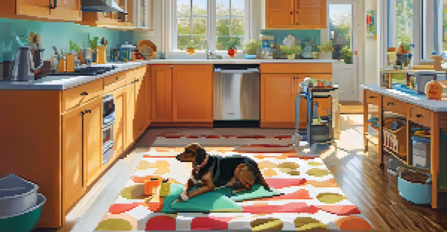 A bright kitchen with neatly arranged pet supplies, including a food bowl, water dish, and a cozy pet bed.