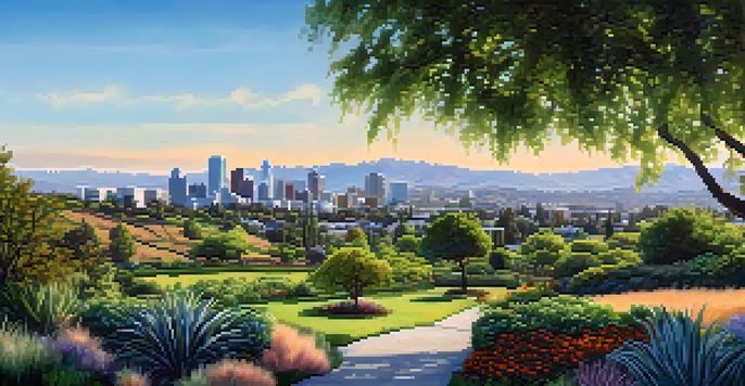 A landscape view of San Jose, with a community garden in the foreground and the city skyline in the background, under a clear blue sky.