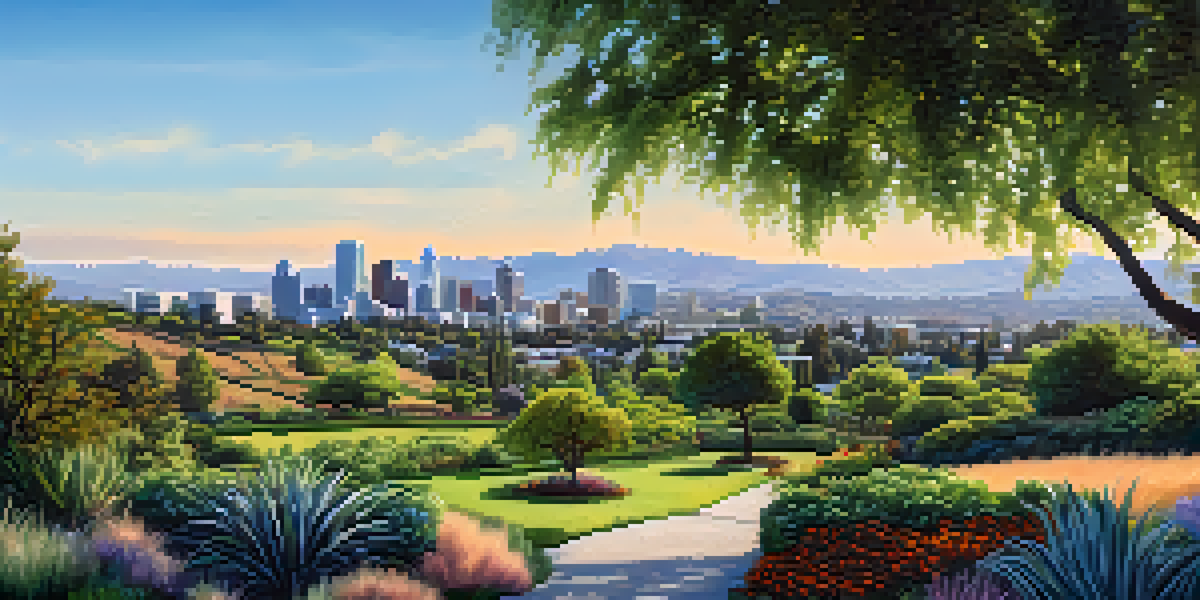 A landscape view of San Jose, with a community garden in the foreground and the city skyline in the background, under a clear blue sky.