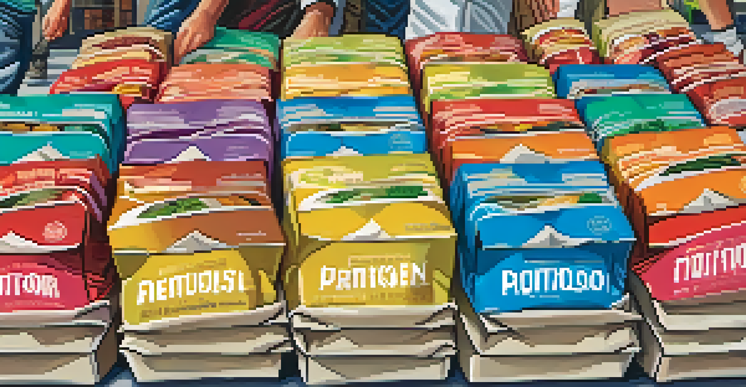 Close-up of hands holding food packages for the homeless with a community center in the background.
