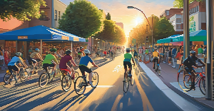 A busy city street in San Jose with cyclists using protected bike lanes, surrounded by greenery and bike-share stations during sunset.