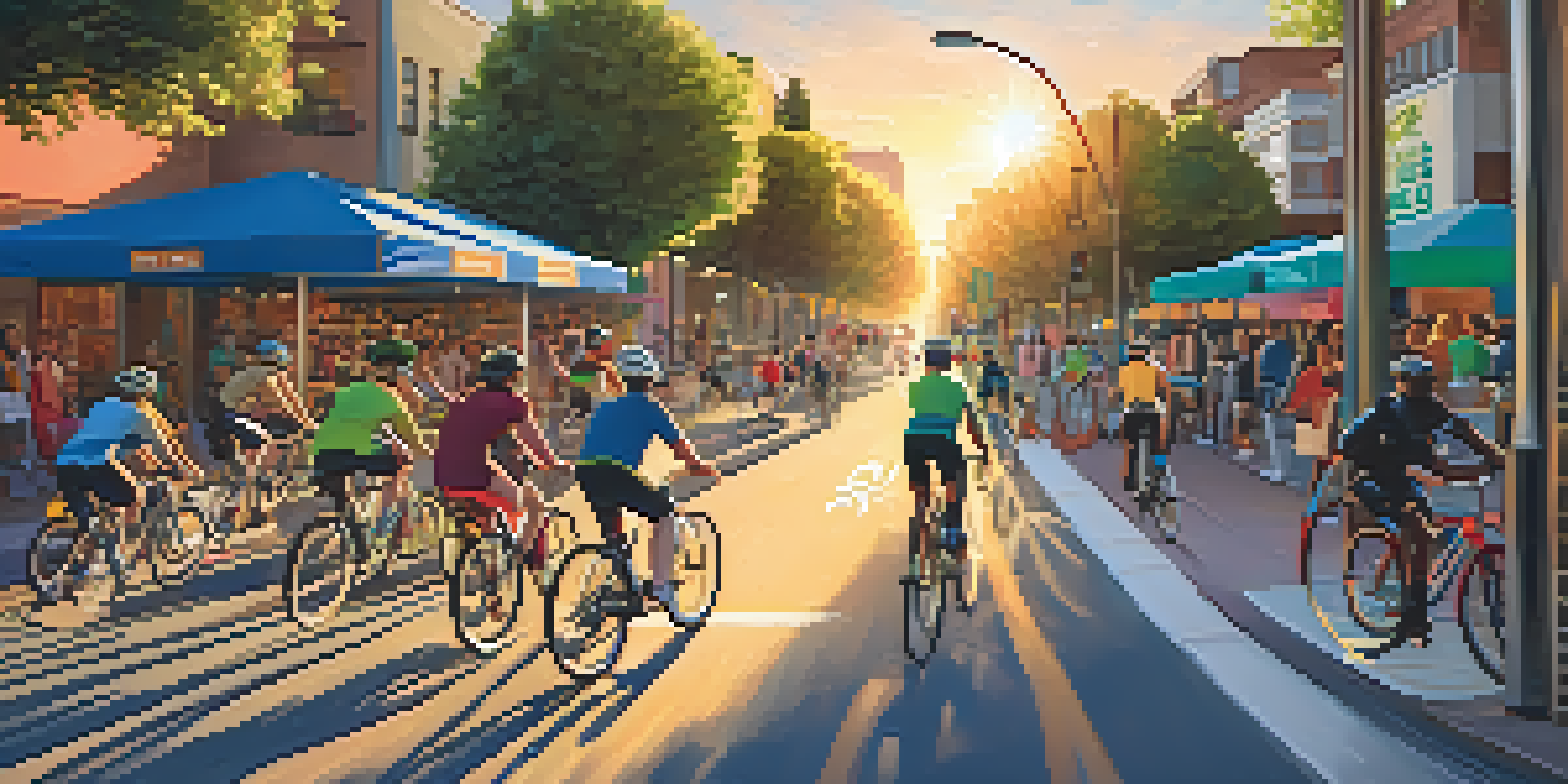 A busy city street in San Jose with cyclists using protected bike lanes, surrounded by greenery and bike-share stations during sunset.