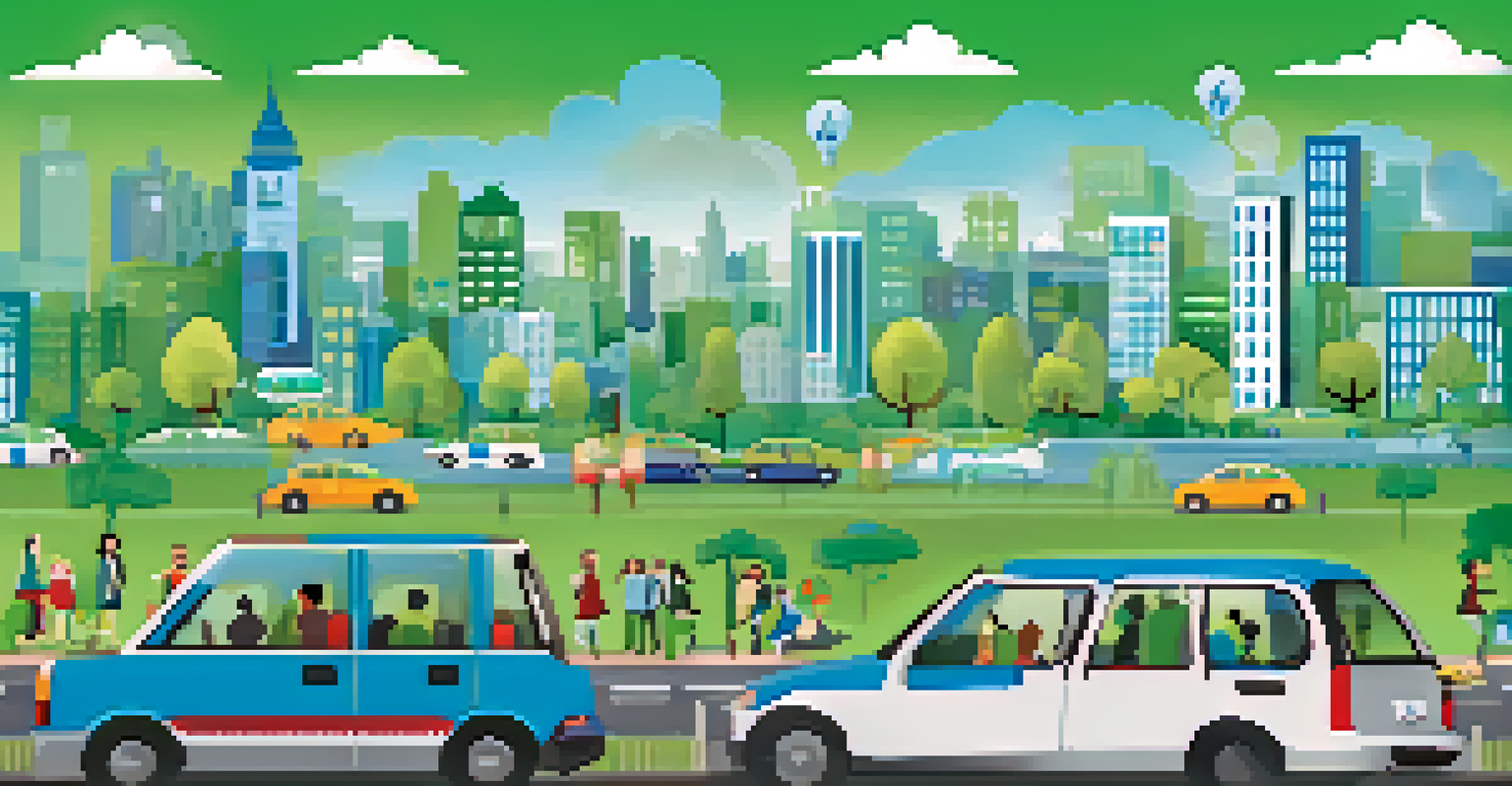 An infographic illustrating the environmental benefits of carpooling, featuring a city skyline and icons for emissions reduction and community bonding.