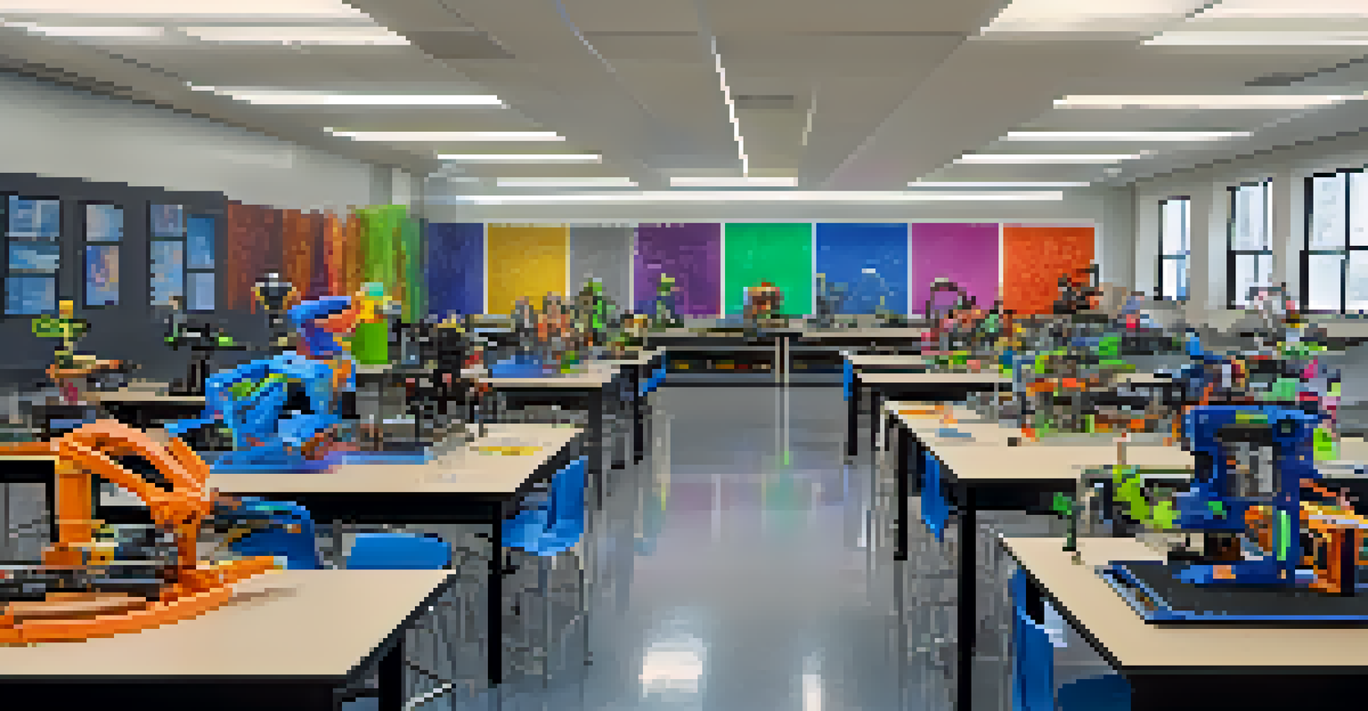 A dynamic maker space with students building robots and using 3D printers, surrounded by various tools and materials for creative projects.