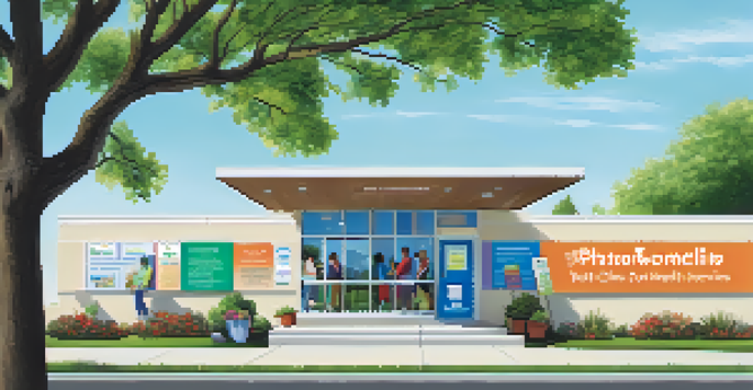 A vibrant community health clinic with a welcoming entrance and diverse individuals entering, surrounded by nature.