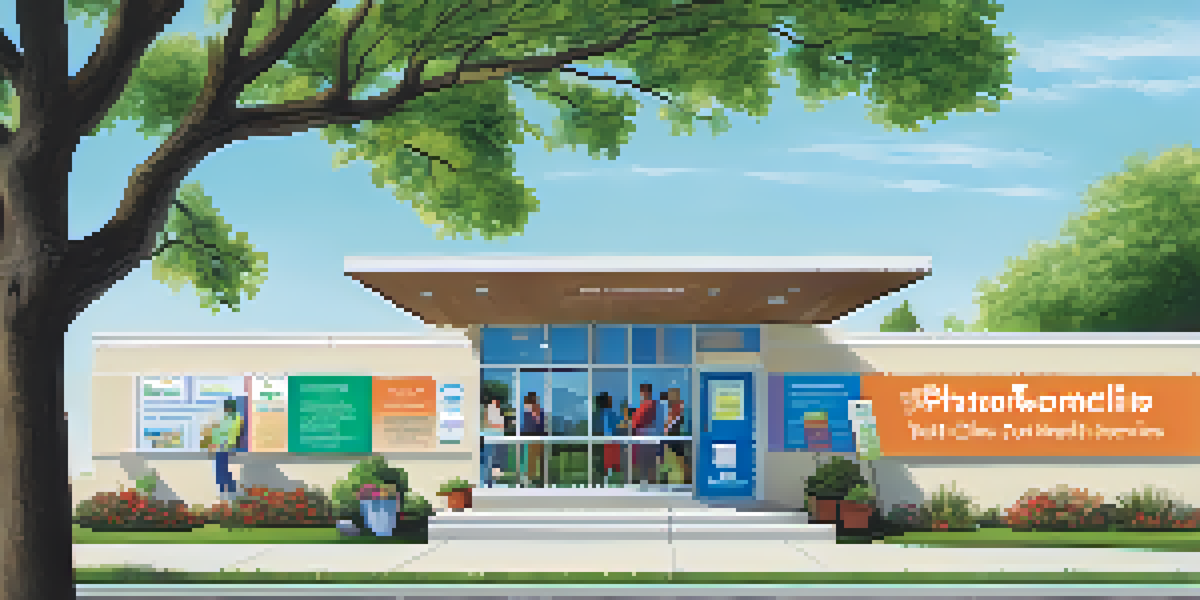 A vibrant community health clinic with a welcoming entrance and diverse individuals entering, surrounded by nature.