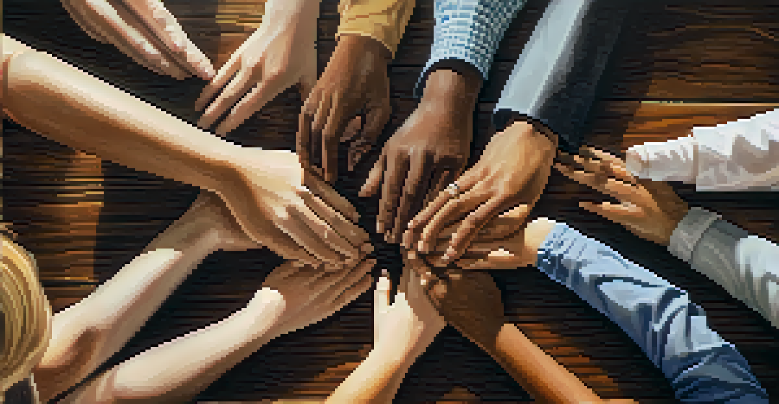 Close-up of diverse hands joined together in a circle on a wooden table, symbolizing unity in social responsibility.