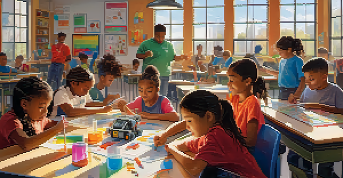 A lively classroom with diverse children participating in a STEM workshop, working on robotics projects under bright sunlight.