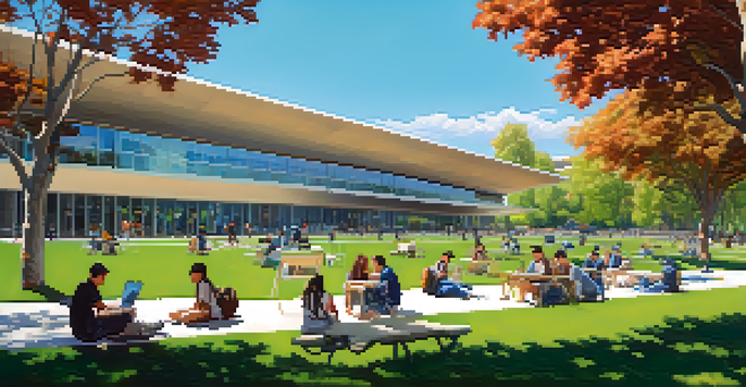 A sunny university campus with students studying and collaborating outside, surrounded by modern buildings and greenery.