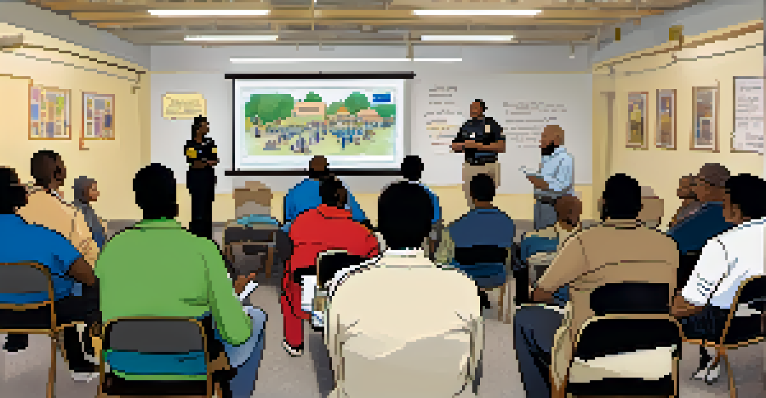 Residents and police officers in a community meeting discussing safety and collaboration.