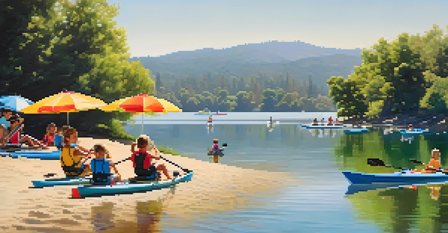 Families kayaking in a sunny lake, with beach umbrellas and children playing on the shore.