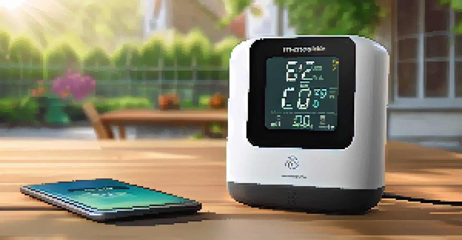 Close-up of a digital air quality monitor showing a low AQI reading, with a sunny garden in the background.