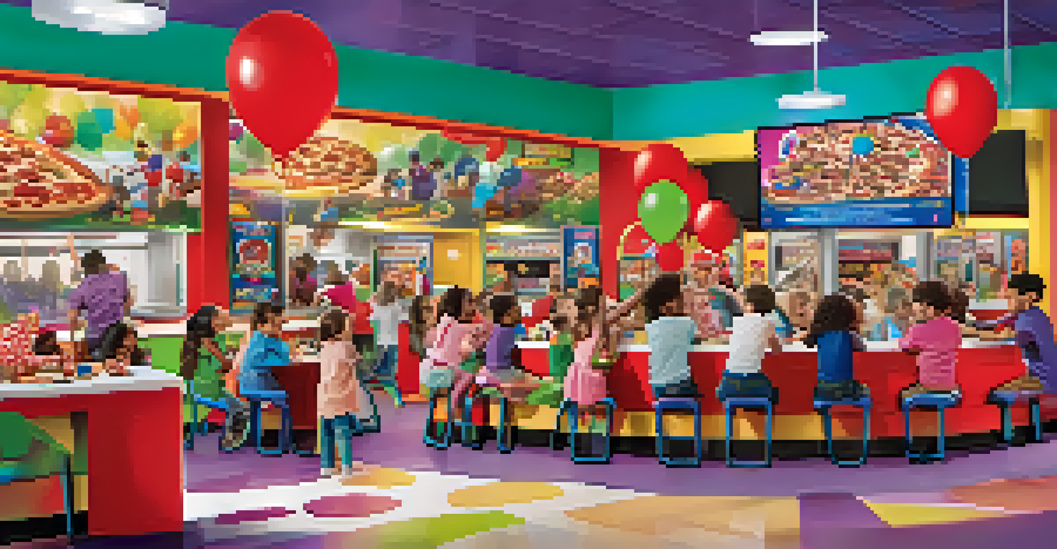 Children having fun at Chuck E. Cheese's, playing arcade games and enjoying pizza in a festive setting.