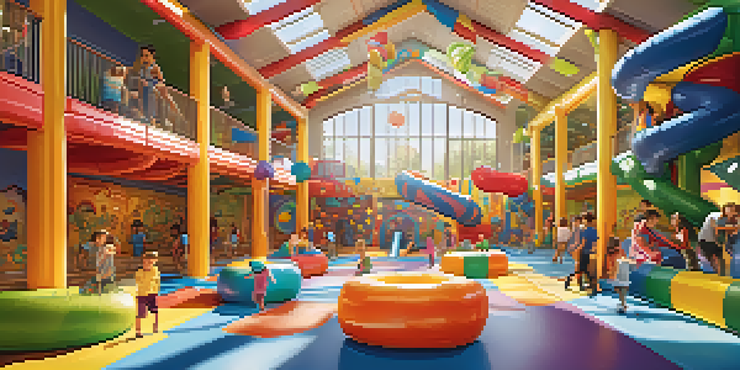 A bright and colorful indoor playground with children playing on climbing structures and inflatable slides, illuminated by sunlight.