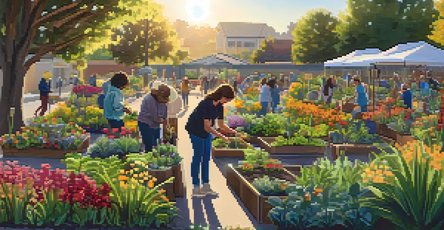 A community garden with volunteers planting and watering, surrounded by diverse plants, illuminated by warm sunlight.