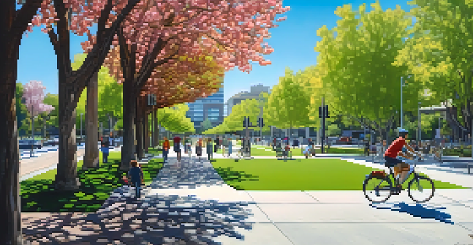 A scenic view of San Jose with green spaces, public transportation, and people enjoying the outdoors.