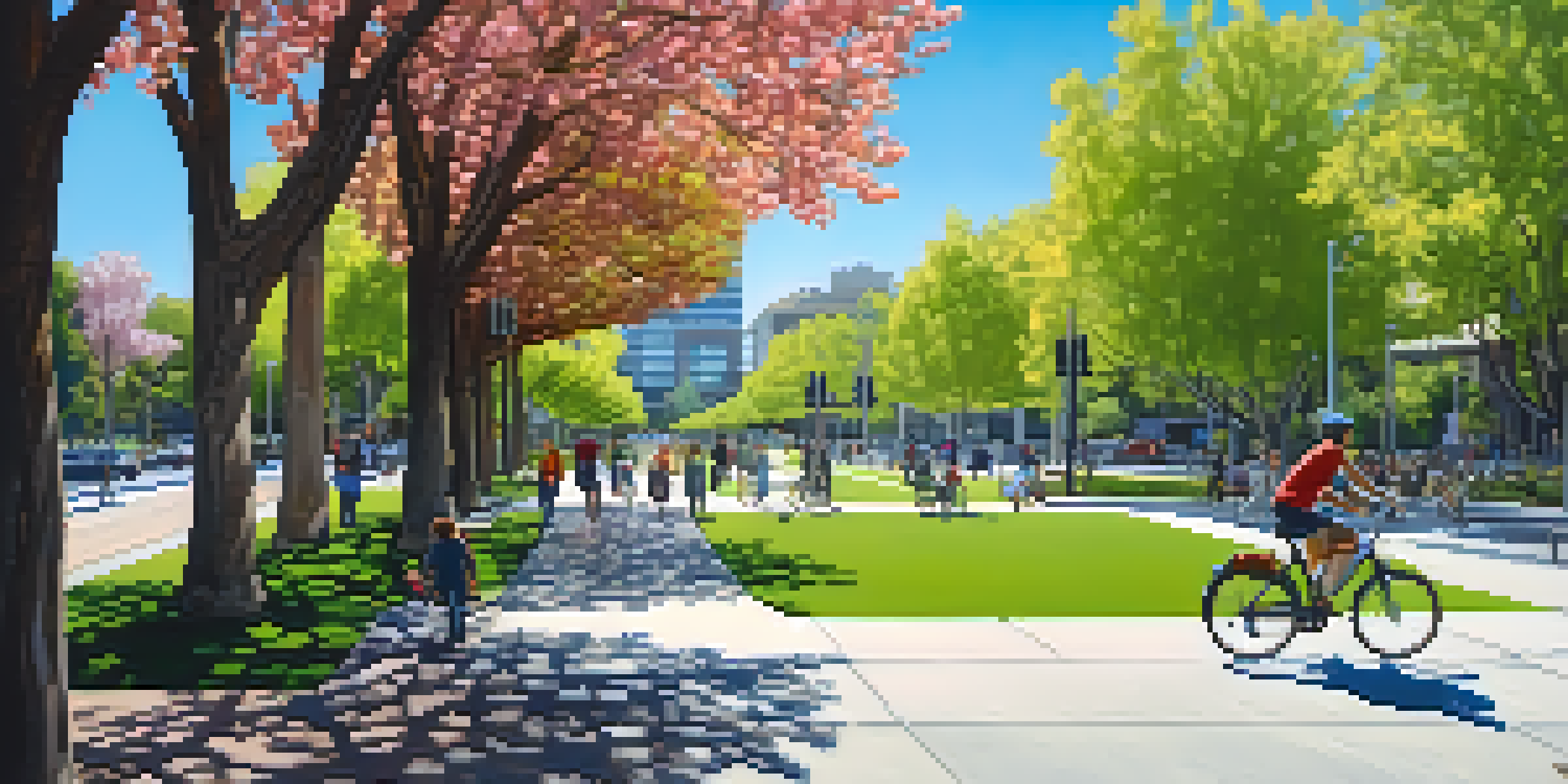 A scenic view of San Jose with green spaces, public transportation, and people enjoying the outdoors.