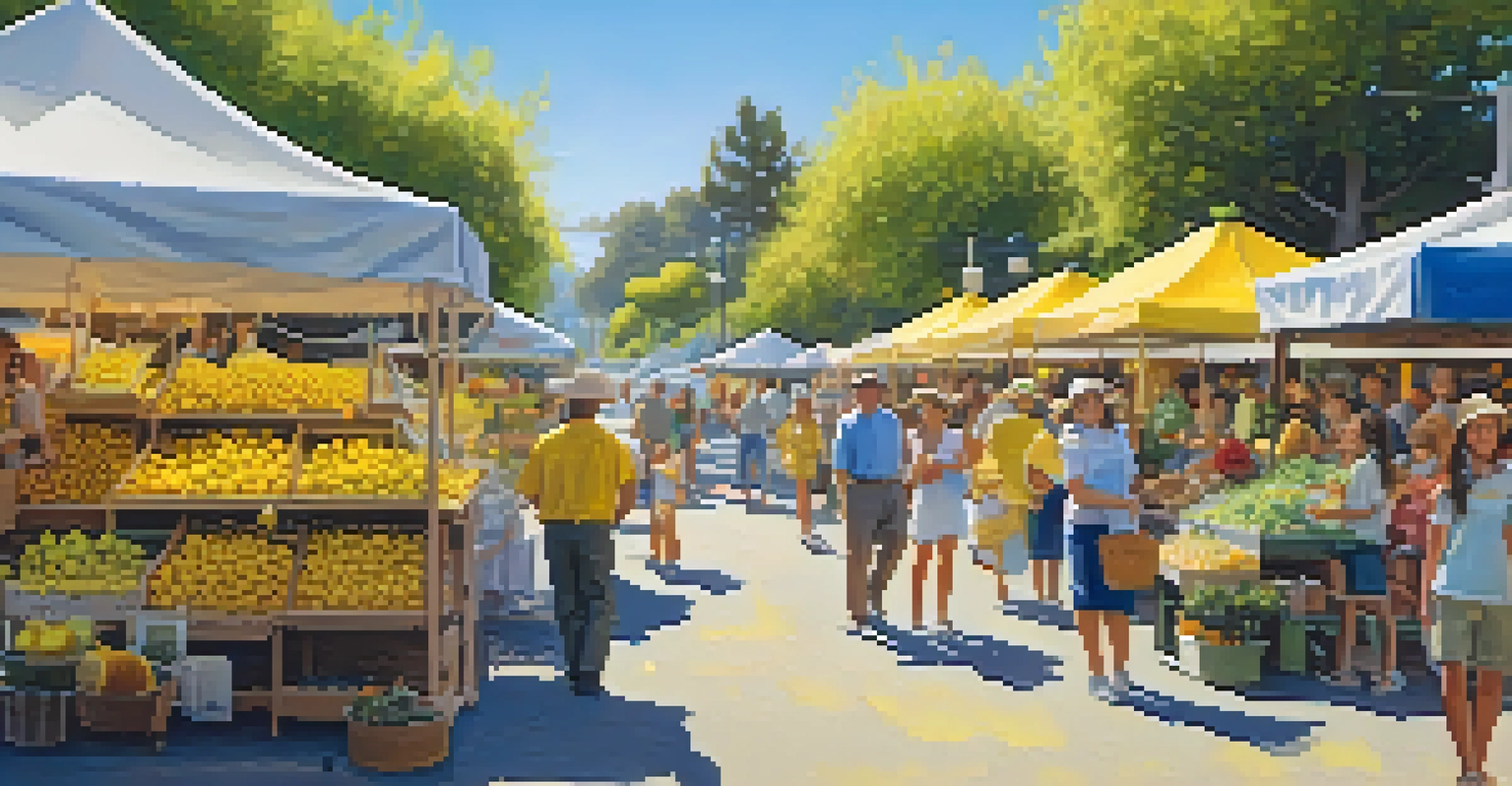 A colorful market scene at the California Lemon Blossom Festival with lemon-themed stalls and families enjoying a sunny day.