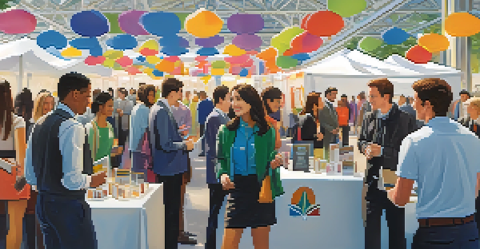 A diverse group of students networking with industry professionals at a university career fair, filled with colorful banners and booths.