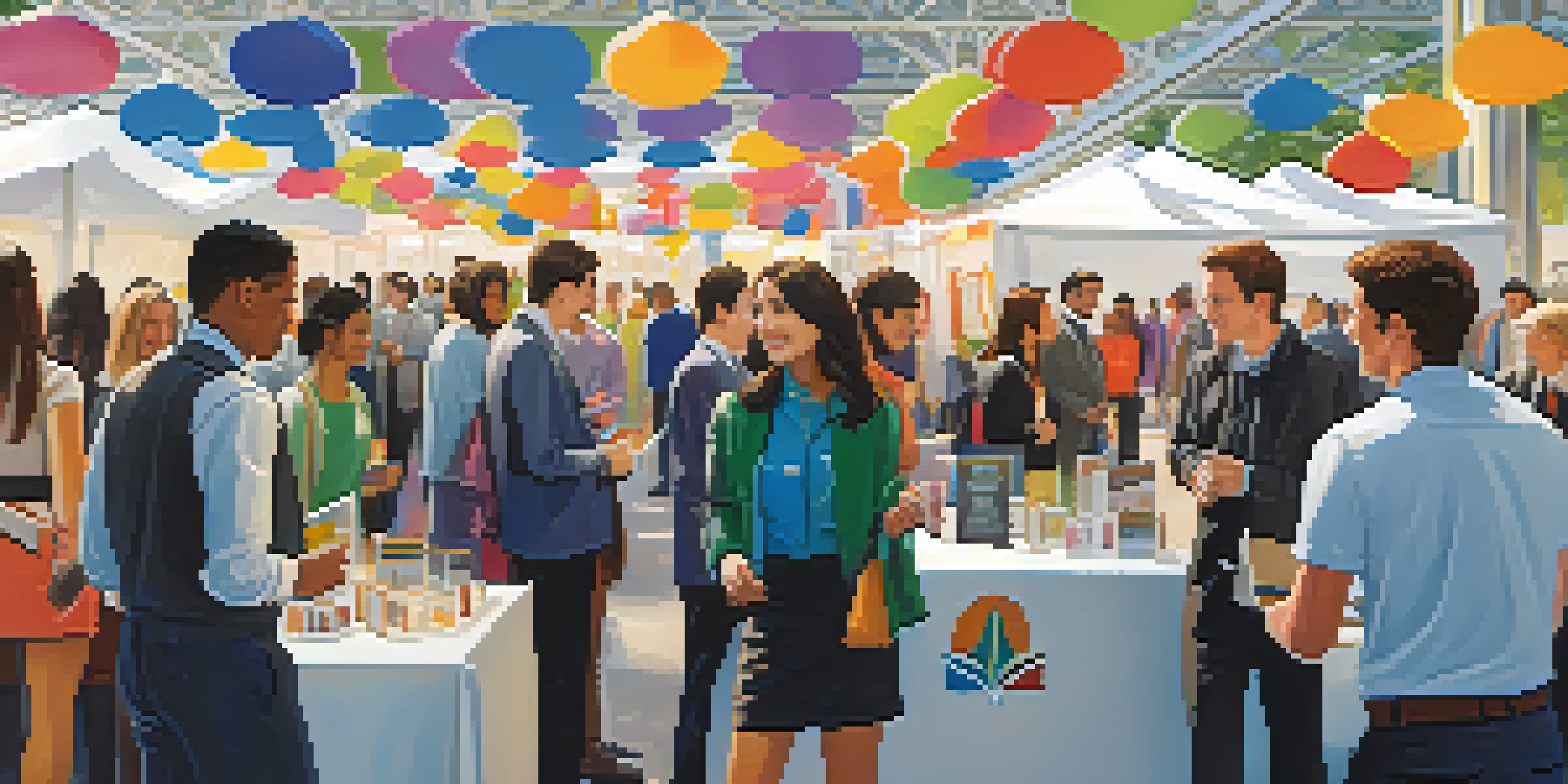 A diverse group of students networking with industry professionals at a university career fair, filled with colorful banners and booths.