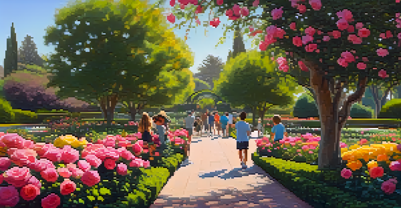 A family exploring the San Jose Municipal Rose Garden with blooming roses in various colors.