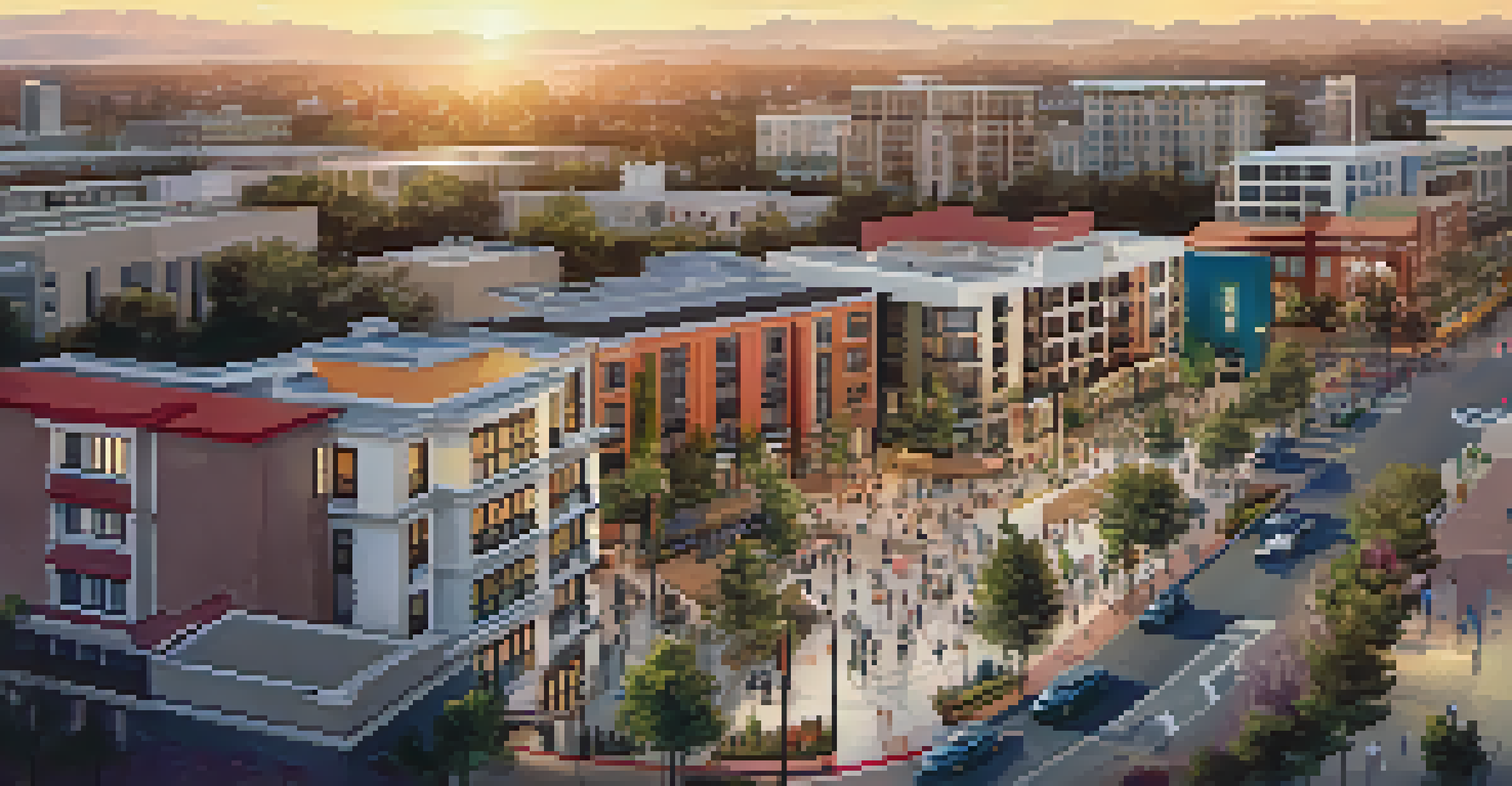 An aerial view of a vibrant transit-oriented development in San Jose, featuring high-rise apartments and light rail stations during sunset.