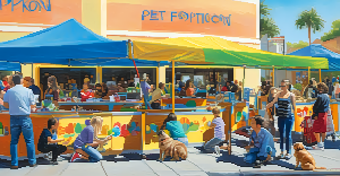A lively pet adoption event showcasing various dogs and cats, with families interacting and enjoying the sunny day.