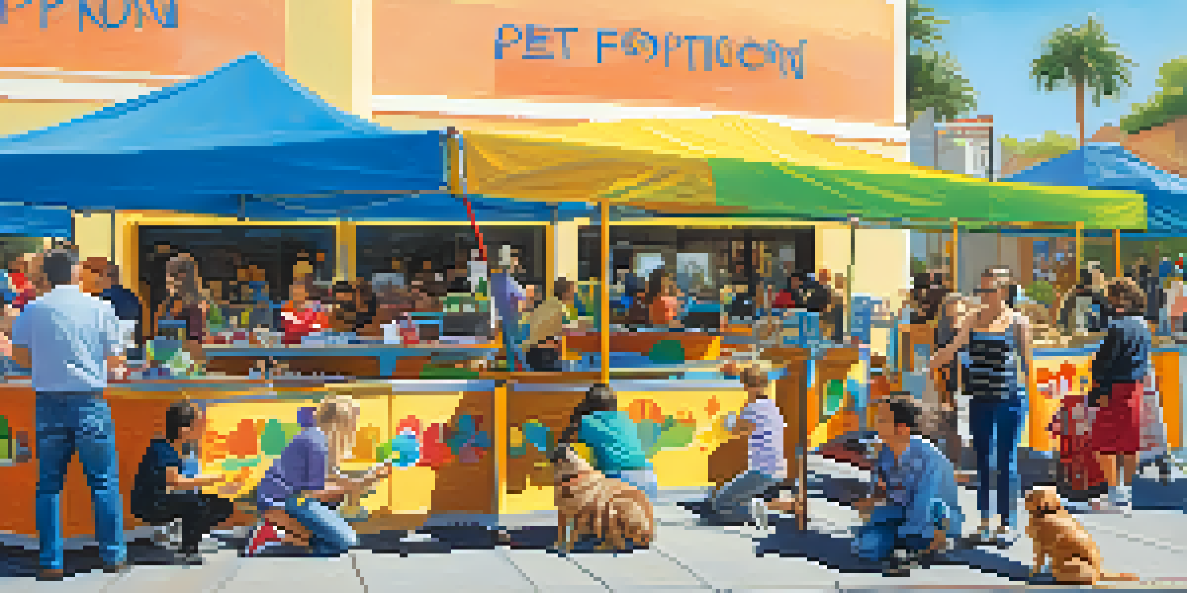 A lively pet adoption event showcasing various dogs and cats, with families interacting and enjoying the sunny day.