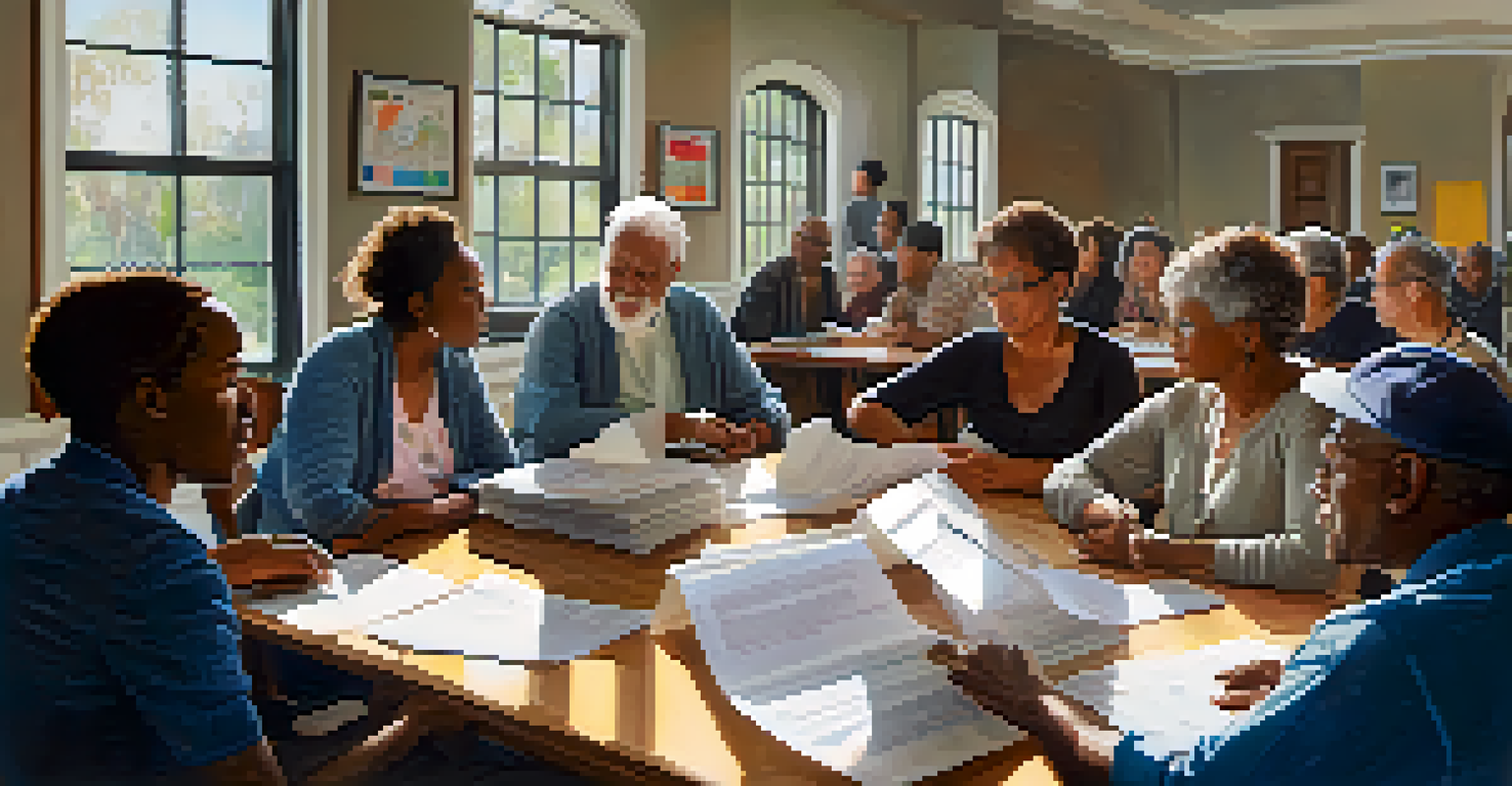 A diverse group of people in a community meeting discussing strategies for increasing voter turnout, seated around a large table.