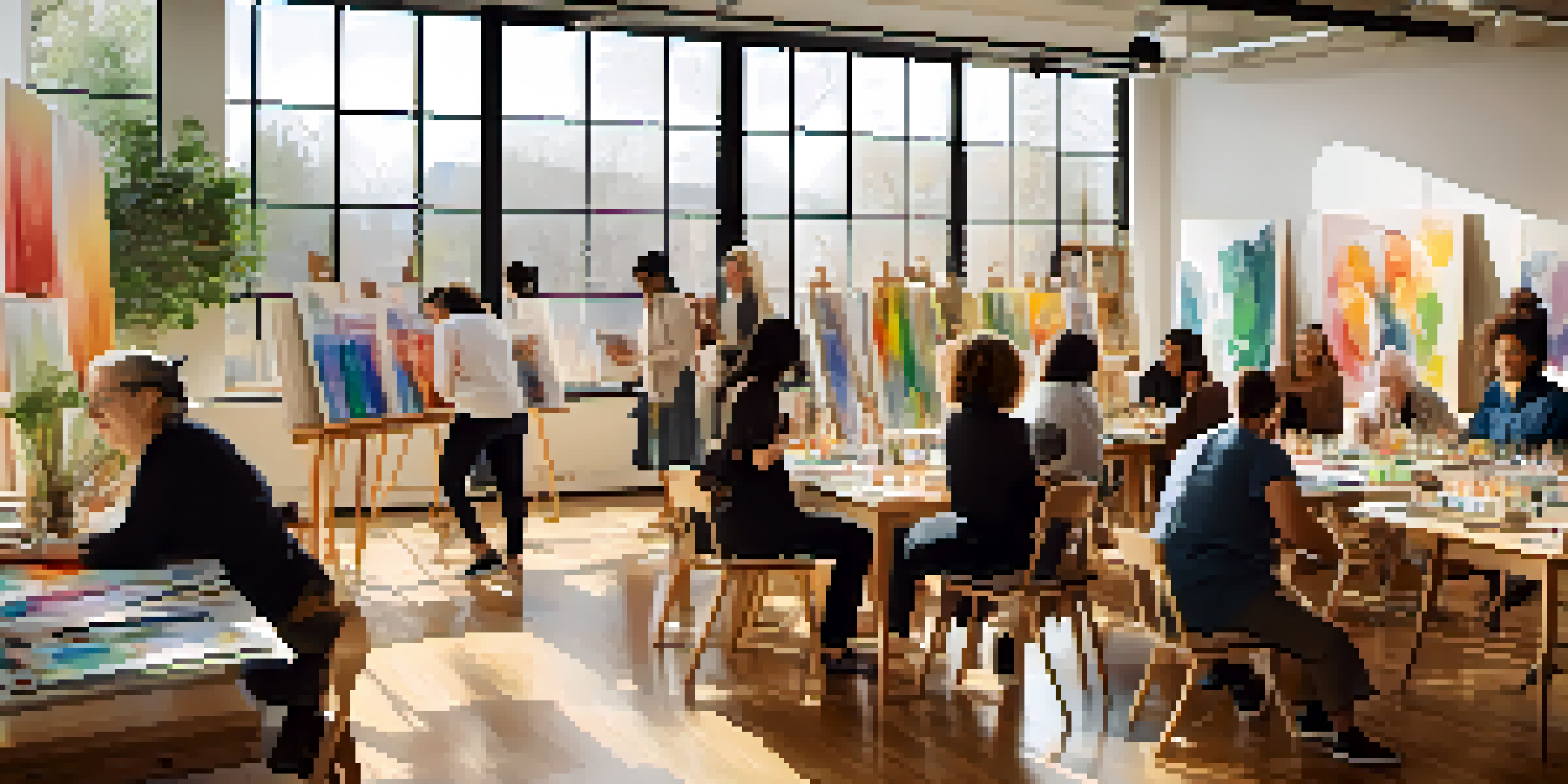 A diverse group of individuals participating in an art therapy session in a brightly lit studio filled with art supplies and their colorful artwork on the walls.
