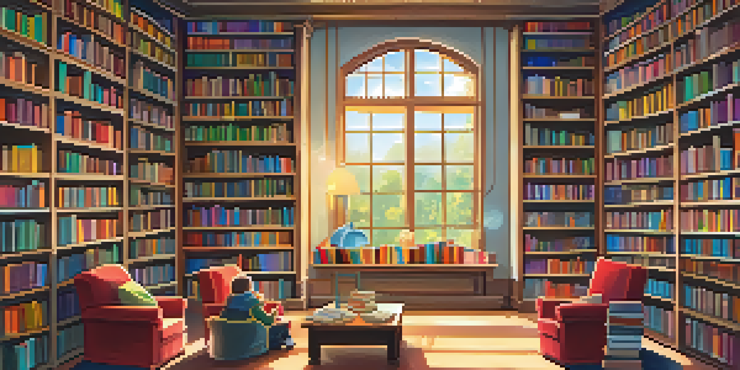 An inviting public library interior with wooden bookshelves, sunlight, and a reading nook where children are participating in a storytime with a librarian.